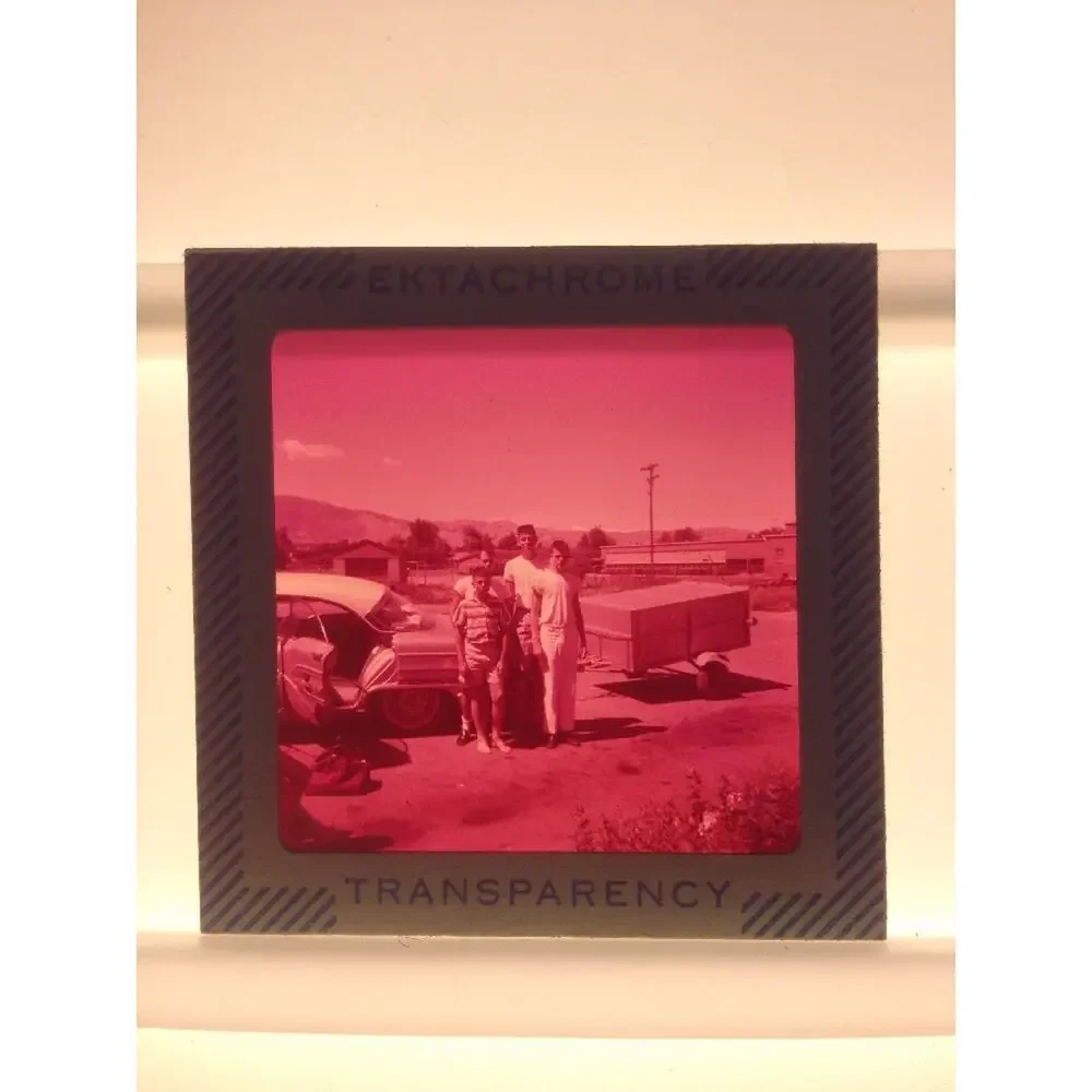 Vtg 1950s Family Vacation Car Trailer Portrait Ektachrome Photograph Color Slide